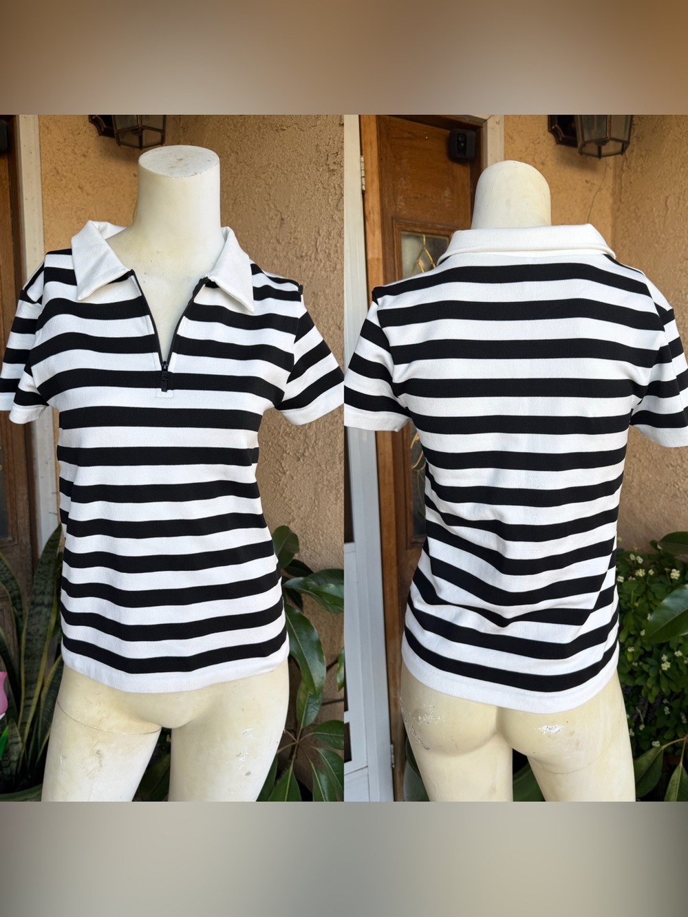 LC Couture Ribbed Black & White Striped Polo Top  (L/XL)